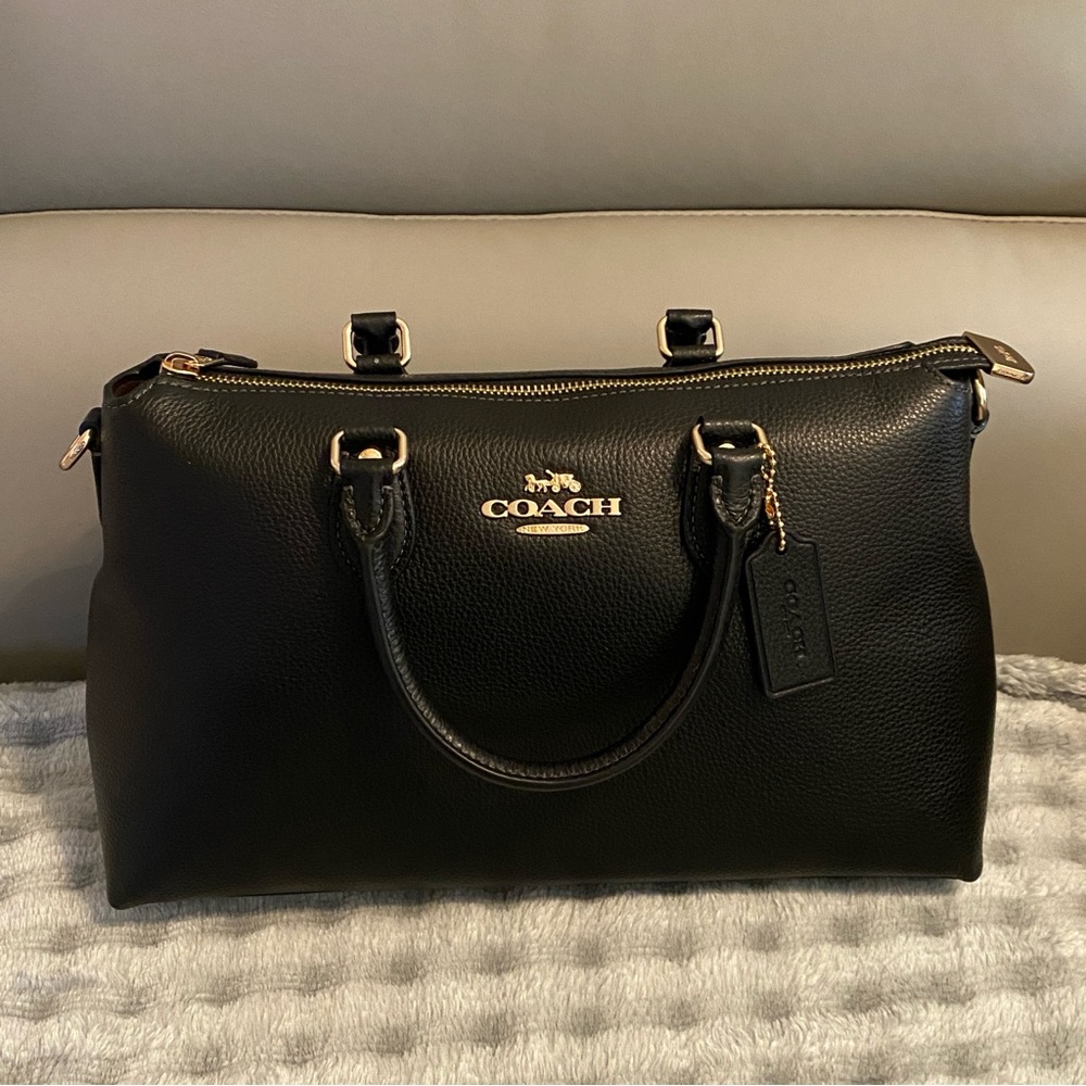 NEW Coach Black Soft Pebbled Leather Georgia Satchel Handbag & Crossbody Strap